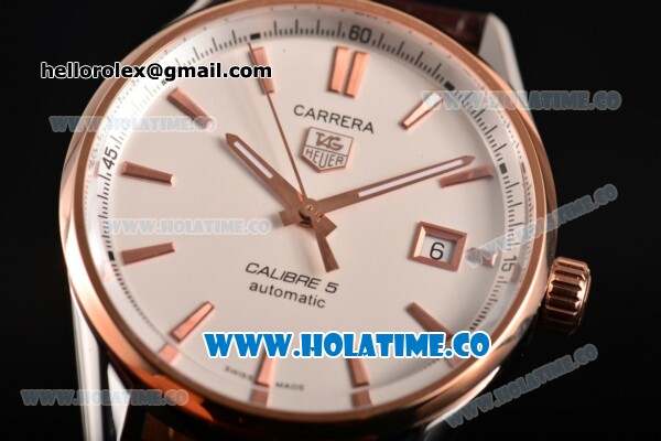 Tag Heuer Carrera Calibre 5 Automatic Swiss ETA 2824 Automatic Steel Case with White Dial Stick Markers and Rose Gold Bezel - Click Image to Close